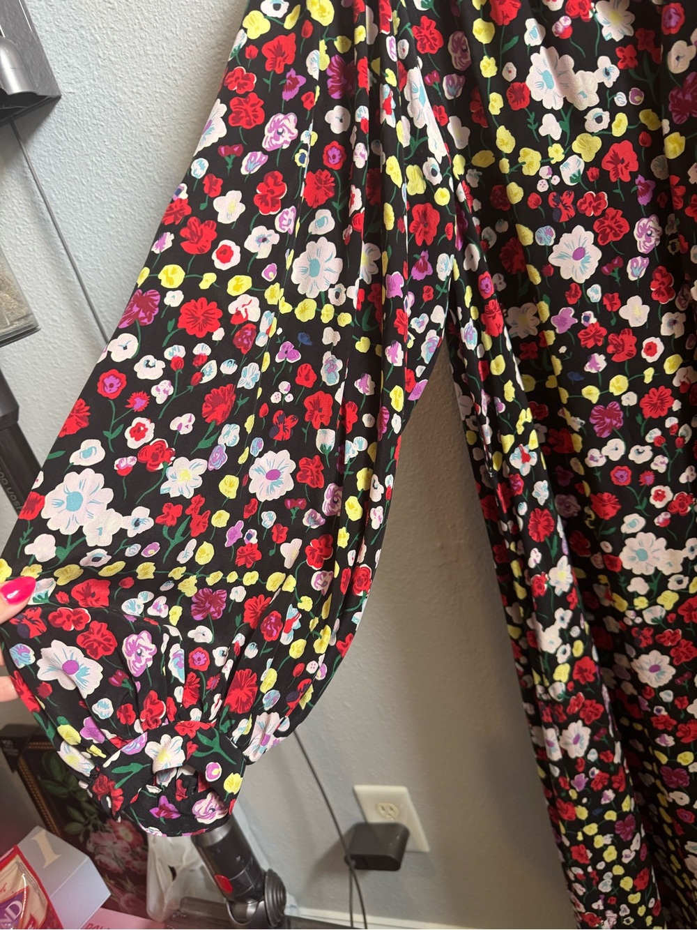 EUC Equipment Black Floral Midi Dress with Red, Yellow, Pink & White Flowers - Picture 6 of 9